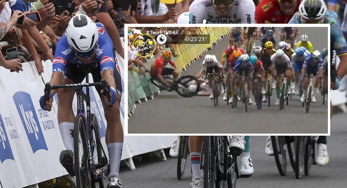 Accidentada llegada en la etapa 4 del Tour de Francia 2023. Foto: EFE TW: Mazaciclismo