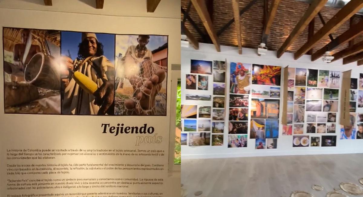 La exposición de autores colombianos en la embajada colombiana en Madrid es un tejido particular. Foto: Twitter @rozomilo