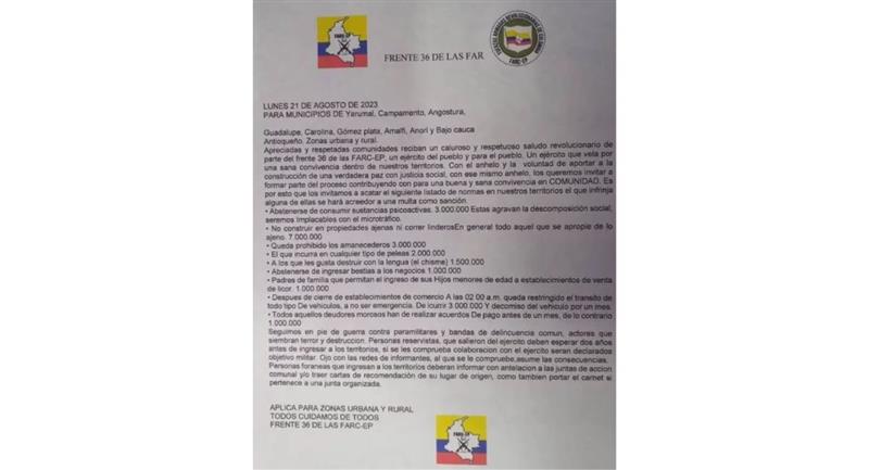 Panfleto de las Fuerzas Armadas Revolucionarias de Colombia frente 36. Foto: Twitter