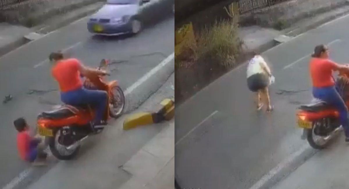 Un menor de edad por poco es arrollado por un carro en Neiva luego de que una mujer le diera un codazo. Foto: Twitter @CaliesCaliCOL