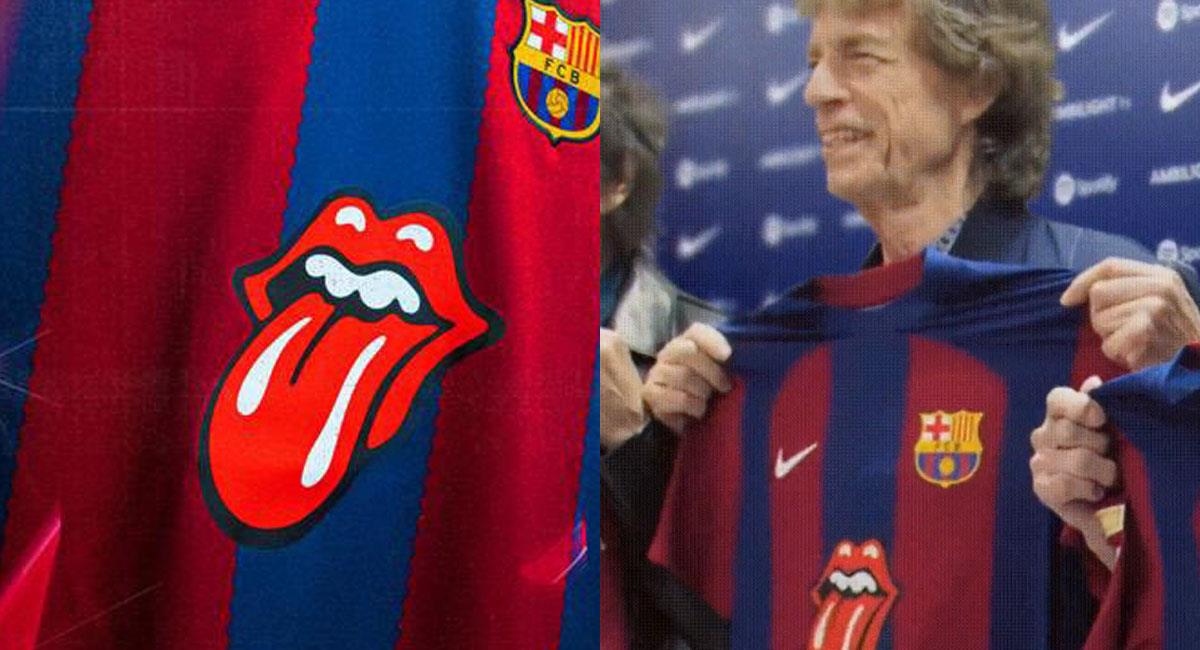 Mick Jagger muestra la camisa blaugrana con el logo de su banda. Foto: Twitter @FCBarcelona_es