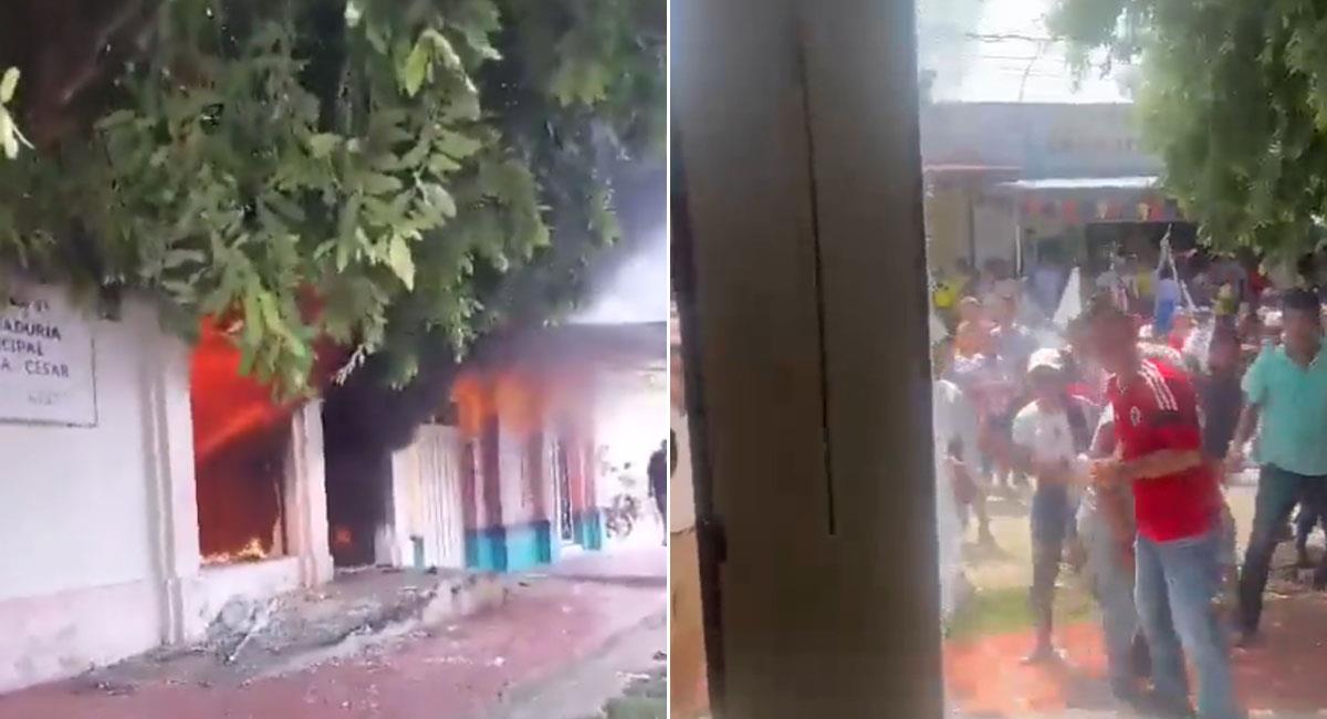 Un grupo de personas atacó la sede de la Registraduría en Gamarra desatando un incendio. Foto: Twitter