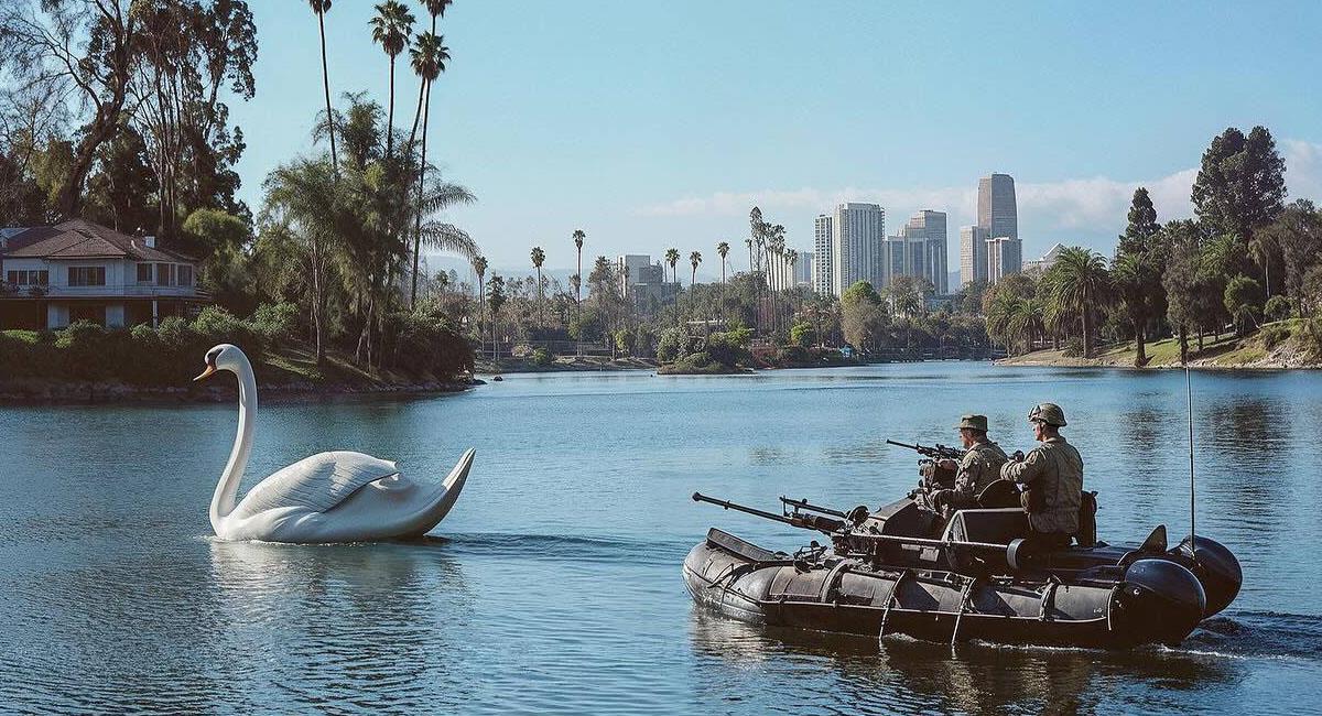 Un cisne gigante que simula un bote a pedal, parece no ser un acierto de la IA. Foto: Twitter @DiscussingFilm